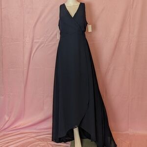 Jenny Packham Bridesmaid Midnight Blue Matte Chiffon V Neck Wrap Dress size 14